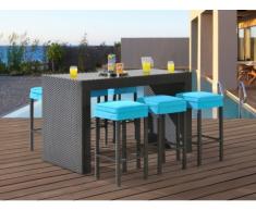 Bar e 6 sgabelli da giardino SALINA in resina intrecciata wengé e seduta turchese