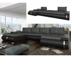 Divano letto angolare panoramico e reversibile in tessuto e similpelle AZELMA - Nero e grigio