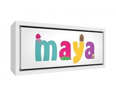 Little Helper LHV-MAYA-3084-FCWHT-15IT Stampa su Tela Incorniciata Legno Bianco, Disegno Personalizzabile con Nome da Ragazza Maya, Multicolore, 34 x 88 x 3 cm
