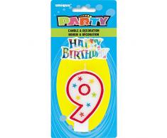 Unique Party 37319 Candela per il Compleanno Numero 9 con Glitter e Decorazione per Torte Happy Birthday