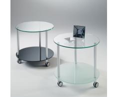 Dritter, tavolino rotondo su ruote con struttura in alluminio e ripiani in vetro temperato diametro 60 cm.