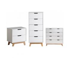Comodino 2 cassetti, cassettiera 4 cassetti e settimino 5 cassetti - Bianco