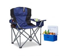 Relaxdays 10021002 Sedia da Campeggio Pieghevole, con Porta-bevande, Schienale e Braccioli, HxLxP: 95x94x63 cm, Blu-Nero