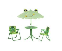 Siena Garden 672614 Set da tavola per Bambini Froggy 2 X Sedia Pieghevole, 1 X Tavolo, 1 X Protezione per Struttura in Acciaio Verde con Motivo: Rana, UPF 50 +