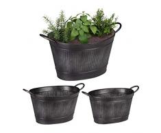 Relaxdays, Grigio Scuro Vasi Ovali per Fiori, Set da 3, Fioriere da Giardino, in Ferro Zincato, Vintage, 12, 18 e 22 l