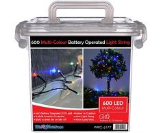 WeRChristmas, Catena con 600 lucine LED colorate, da interni ed esterni, a batteria, con controller e 8 giochi di luce diversi, funzione timer, 60 m
