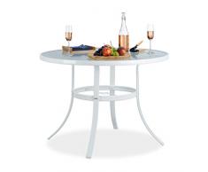 Relaxdays Tavolo STRUK Vetro, Rotondo, con Foro ombrellone, 102 cm, Balcone, Giardino, 4 posti, Resistente, F, Bianco, 102 x 102 x 71 cm