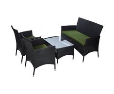 Ultranatura Set Lounge in polyrattan della Serie Palma da 4 Pezzi/Tavolo + Divano + 2 poltroncine incl. Cuscini, Nero/Verde