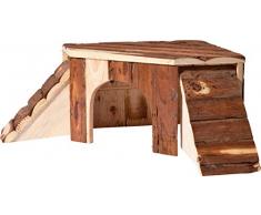 dobar 80070 - Casetta angolare per roditori, in Legno Naturale con Corteccia, con Scala Pieghevole per Piccoli Animali, 25 x 25 x 15 cm, Colore Naturale