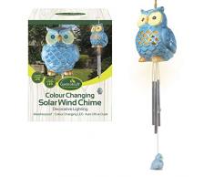 GardenKraft 16680 Lampada a energia Solare e scacciapensieri a Vento con Gufo in Ceramica | Resistente alle intemperie | LED Che Cambia Colore | Accensione Automatica, Blu