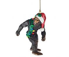 Design Toscano Bigfoot lo Yeti delle feste con il cappello di Babbo Natale Spiritosa decorazione per albero di Natale, poliresina, a colori, 7,5 cm