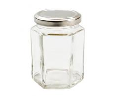 Nutleys - Piccolo Barattolo per marmellata, 55 ml, Esagonale, in Vetro, con Scatola e Coperchio filettato Argentato, Confezione da 20 Pezzi