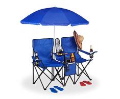 relaxdays Sedia da Campeggio Doppia, Pieghevole e Portatile, con Ombrellone, Borsa Termica, Scomparti, Blu