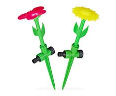 Relaxdays Set di 2 Irrigatori da Giardino a Forma di Fiore, con Paletto per Il Fissaggio, HxD: 34x10 cm, Rosso/Giallo