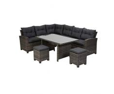 greemotion Set mobili giardino lounge modello “Tessin” composto da 2 divani con tavolo con piano in vetro e 2 sgabelli, set mobili giardino da 5 pezzi, grigio