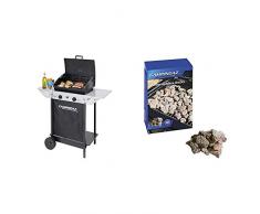 Campingaz BBQ a Roccia Lavica Xpert 100 L Plus Rocky, Barbecue Grill Compatto a 2 Bruciatori, 7.1kW di Potenza, 2 Griglie Cromate, 2 Ripiani Laterali e Un Carrello con Ruote & Campingaz Roccia Lavica