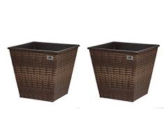 GARTENFREUDE, Set di 2 Portavasi quadrati in polyrattan, con inserto in plastica, 41,5 x 41,5 x 38 cm, colore: Marrone