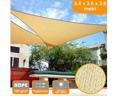BAKAJI Vela Telo Parasole Tenda Triangolare Ombreggiante in HDPE Resistente Protezione UV 90% per Ombra Giardino Terrazzo con Aggancio Occhielli Beige (3,6 x 3,6 x 3,6 mt)