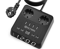ONLYWIN Ciabatta con USB, presa multipla a 2 prese, 4 USB, con cavo da 2 m, sveglia digitale, display a schermo intero, 4 livelli di luminosità per comodino, TV, banco da lavoro, comò