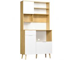 homcom Dispensa da Cucina in Truciolato e Legno di Pino con Armadietti, Cassetti, Ripiani Regolabili e Appendino, 93x40x180 cm, Bianco e Color Legno