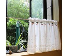 USTIDE 1 tenda rustica da caffè, mezza tenda bianca, con tasca a bastone, con decorazione in ciliegio rosa, per lavabo, armadio, soggiorno, cucina, balcone, 99 cm di larghezza x 60 cm
