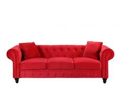 BHDesign Mila - Divano Chesterfield a 3 posti, in velluto, colore: Rosso