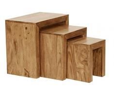 WOHNLING Insieme di 3 tavolini impilabili Solido Legno di Acacia Living Tavolo tavolino in Stile Country in Legno Naturale Marrone Scuro