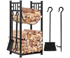 Amagabeli Portalegna grande 80 cm Portalegna da interno Portalegna da interno con porta attrezzi per camino Portalegna alto per esterno Portalegna da esterno con attrezzi in ferro battuto Nero