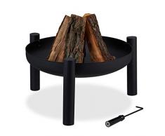 Relaxdays Braciere da Giardino, Caminetto con 60 cm Diametro, Camino da Esterno per Terrazza, Rotondo in Acciaio, Nero