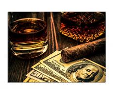 deinebilder24 - Foto su stampa artistica – 70 x 90 cm – whisky in vetro con un sigaro cubano e denaro su un tavolo di legno