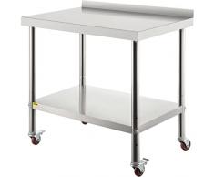 VEVOR Tavolo da Lavoro per Cucina di Preparazione Alimenti in Acciaio Inox 4 Ruote Alzatina 5cm, Piano da Lavoro Ripiano Doppio 91,4x61x89cm con Ruote e Alzatina Capacità Carico 200kg, metallico