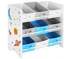SONGMICS Scaffale Portaoggetti, 9 Scatole per Giocattoli e Libri, Organizzatore in Tessuto TNT, per Camera dei Bambini, Sala Giochi, Asilo, 62,5 x 29,5 x 60 cm, Motivi Spaziali, Bianco GKR33WT