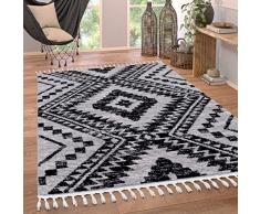Tappeto Salotto Moderno Soggiorno Pelo Corto Moderno Motivo Etnico Scandinavo Geometrico Rombi Design con Frange, Dimensione:160x230 cm, Colore:Nero