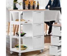 MIADOMODO® Carrello da Cucina con Ruote - Legno di Pino, 67x37x87,5 cm, 3 Ripiani e 3 Cassetti - Carrello di Servizio, Credenza da Cucina, Portavivande