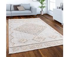 Tappeto Salotto Moderno Soggiorno Pelo Corto Boho Moderno Astratto Motivo Scandinavo Geometrico 3D con Frange, Dimensione:80x150 cm, Colore:Crema