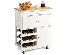 COSTWAY Carrello da Cucina, con Portabottiglie Tre Ante e Ruote, Credenza Cucina in Legno di Pino e MDF, Bianco, 67 x 37 x 86 cm