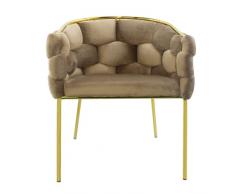 Mediawave Store - Poltrona Imbottita, Baloon Bubble Arabella, Sedia Effetto Velluto, Struttura Color Oro, Poltroncina Arredo Soggiorno, Cucina, Poltrona con Intreccio (1, Tortora)