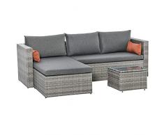 Outsunny Mobili da Giardino Set 3 Pezzi in Rattan PE con Divano 2 Posti, Chaise Longue e Tavolino da Caffè, Grigio