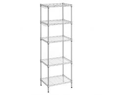 SONGMICS Scaffale da Cucina, Portaoggetti a 5 Ripiani, Scaffale Stretto, 8 Ganci, Organizzatore da Bagno, Pannelli in Plastica PP, Regolabile in Altezza, Metallo, per Cucina, Argento LGR115E01