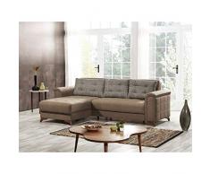 Divano Letto angolare con penisola Reversibile a destra/sinistra Contenitore Morris 3 posti in tessuto con chaise longue (Marrone)