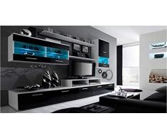 Skraut Home - Set di Mobili, Unità Murale, Mobile Basso TV, Sporco da Mangiare, Set Soggiorno Contemporaneo con Iluminazione LED, Bianco Mate e Nero Laccato, 250x194x42 cm