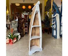 Canoa libreria etnica in legno color naturale e bianco barca decorativa mobile angoliera con ripiani arredamento artiginale orientale