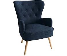 BAKAJI Poltrona Sedia Relax Rivestimento in Tessuto Struttura e Gambe in Legno Naturale Imbottita Design Moderno Decorazione Trapuntata Ampio Schienale Dimensione 92 x 64 x 75 cm (Blu)