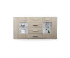 Vladon Credenza Cassettiera Grömitz V1, Struttura in bianco opaco/Frontali in quercia segato grezzo (139 x 72 x 35)
