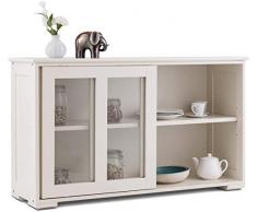 RELAX4LIFE Credenza in Legno e Vetro con 2 Ante Scorrevoli, Armadietto da Cucina con Ripiano Regolabile, Mobile Multiuso per TV da Salotto, Bianco/Nero, 106,7 x 62,5 x 33 cm (Bianco)
