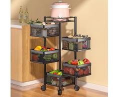 Scaffale da cucina multistrato con ruote, Cremagliera per verdure rotante a 360°, Scaffale per stoccaggio da cucina Portagruppamento, Rack da Cestino Girevole con pavimento quadrato(Size:5 layer)
