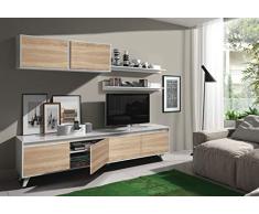 Dmora Parete Attrezzata per Soggiorno, Set Salotto TV con mensole e Mobile pensile, Rovere e Bianco Lucido, 200 x 41 x 85 cm, 200x41x85