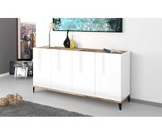 Dmora Credenza Moderna a 4 Ante, Made in Italy, Madia da Cucina rialzata, Buffet di Design da Soggiorno, Cm 160x40h82, Bianco Lucido e Acero