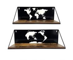 Mensole Galleggianti da Parete in Legno e Ferro con Mappa del Mondo,Set da 2 per Cucina,Sogiorno,Cameretta Scaffale Sospeso Decorazione Nero