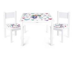 Leomark tavolo e 2 sedie in legno per bambini 60x60x49 cm, stabile set per camera dei bambini, sala comune, scuola materna, asilo nido, mobili per bambini, Yeti colore UNICORNO